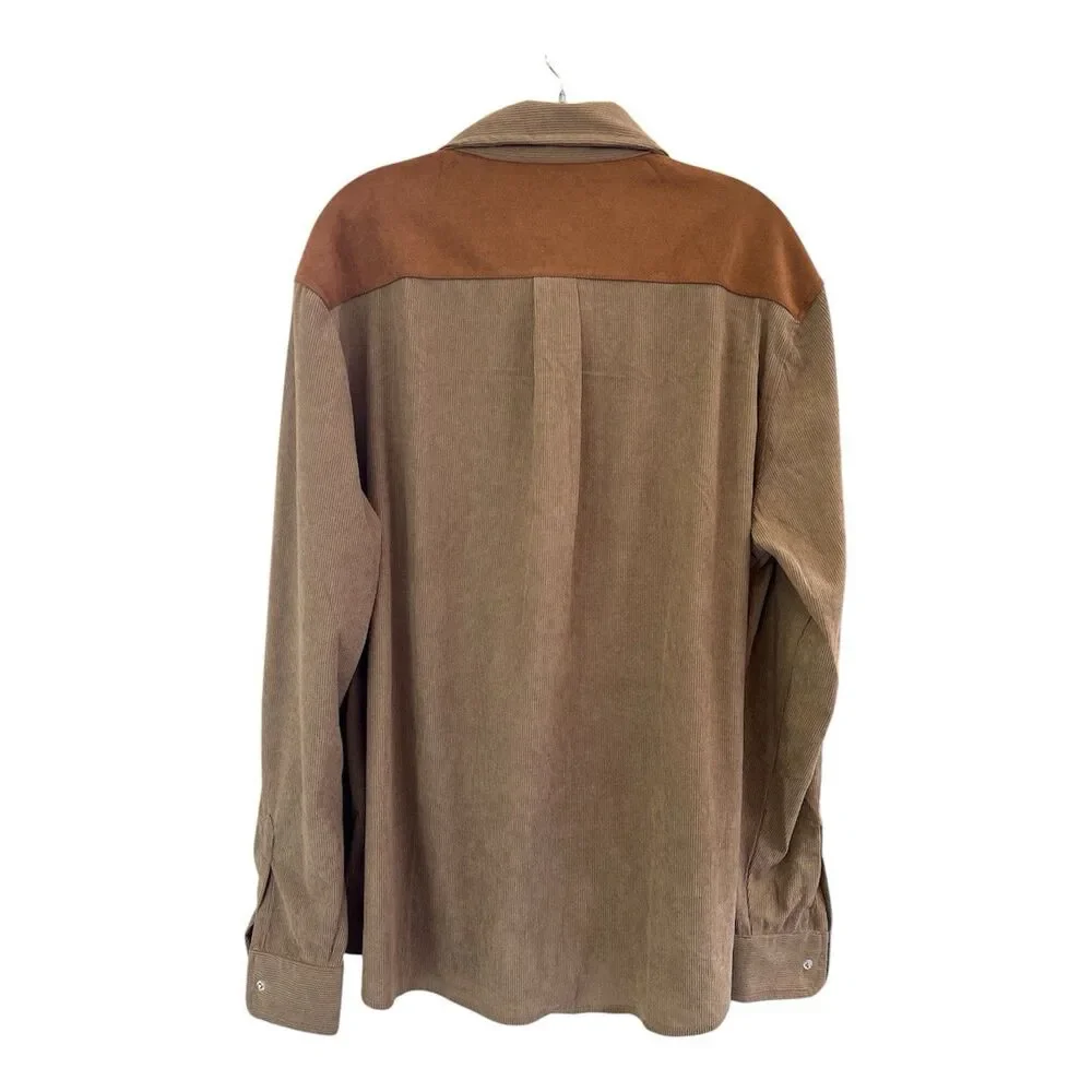 NWT Yousify Men's XL Lightweight Brown Corduroy Western Pearl Snap Shacket Boho